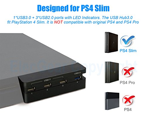 ElecGear PS4 Slim USB Hub 3.0, Puerto de Carga del divisor del Adaptador de Extensión USB (1x USB3.0 y 3x USB2.0) con LED para PlayStation 4 Slim CUH-2xxx