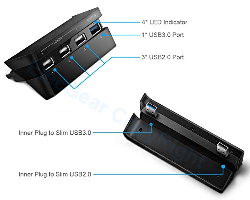 ElecGear PS4 Slim USB Hub 3.0, Puerto de Carga del divisor del Adaptador de Extensión USB (1x USB3.0 y 3x USB2.0) con LED para PlayStation 4 Slim CUH-2xxx