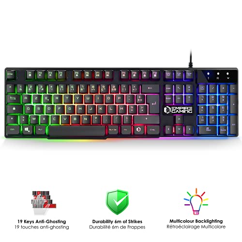 Empire Gaming MK800 – Pack 3 en 1 Teclado Gaming AZERTY RGB 105 teclas 19 teclas anti-Ghosting – Ratón ergonómico con retroiluminación 2400 DPI – Alfombrilla de ratón – PC PS4 PS5 Xbox One/Series Mac