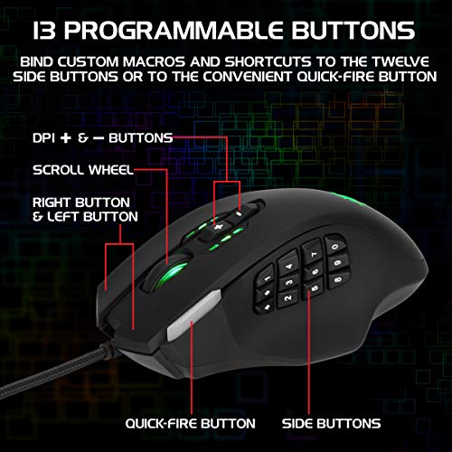 ENHANCE Theorem 2 Raton Gamer MMO con 13 Botones Laterales Programables - LED RGB con 6 Configuraciones de dpi Personalizables, Botón de Disparo Rápido, Mouse Ergonómico con Cable USB