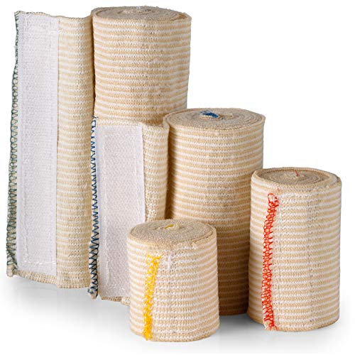 Envolturas de vendas elásticas - Paquete de variedad 4, 2 3 4 6 pulgadas x 5 yardas por rollo - Rollo de compresión y estiramiento reutilizable sin látex para primeros auxilios.