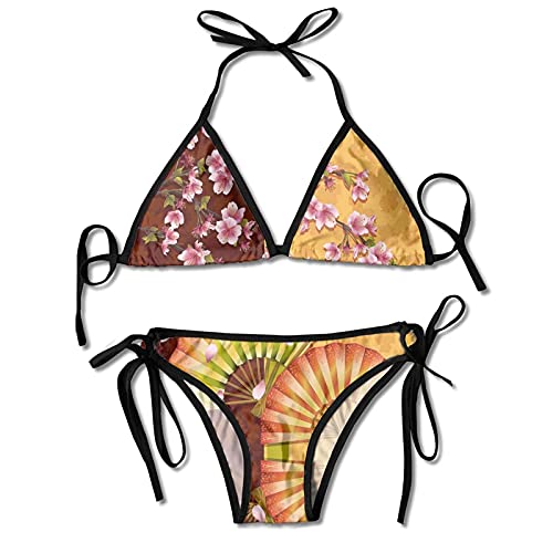Estilo japonés Floral Sakura Blooms Conjunto de Bikini con Cordones japonés Sexy con Cuello en v Traje de baño de 2 Piezas de Moda Ajustable para Mujer Negro