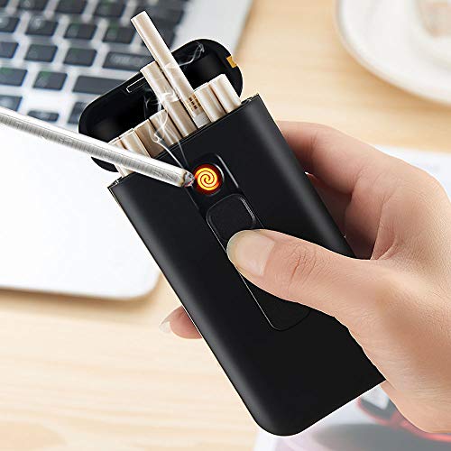Estuche para cigarrillos con encendedor de cigarrillos portátil 20 piezas 100s encendedores USB encendedores 2 en 1 recargable sin llama resistente al viento encendedor eléctrico, Negro, 1