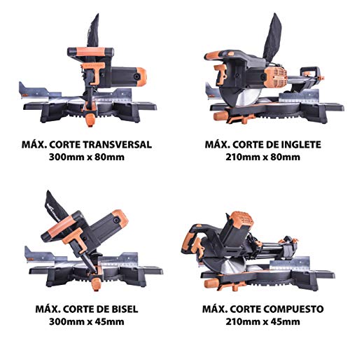 Evolution Power Tools R255SMS Sierra ingletadora Deslizante multimaterial, con Paquete Plus, 2000 W, 230 V, 255 mm