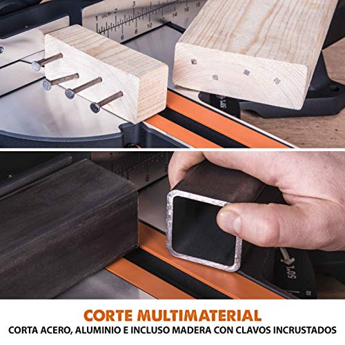 Evolution Power Tools R255SMS Sierra ingletadora Deslizante multimaterial, con Paquete Plus, 2000 W, 230 V, 255 mm
