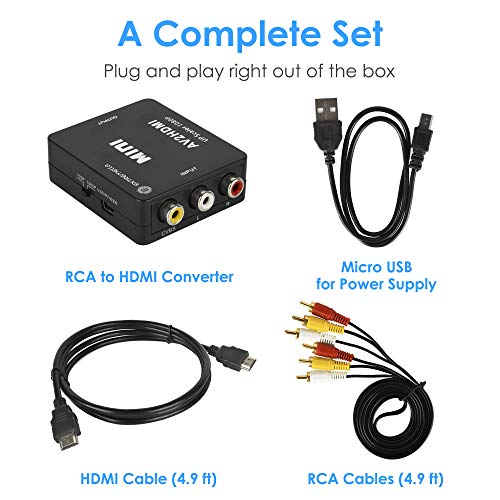 Extremella Convertidor RCA a HDMI con Cable HDMI y RCA, AV a HDMI Conversor Adaptador de Video Soporte 1080P con Cable de Alimentación USB para Xbox TV VHS VCR Cámara DVD STB, PAL / NTSC