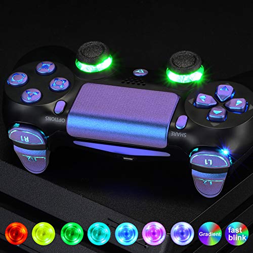 eXtremeRate LED Botones para PS4 Mando Teclas Botón D-Pad Joysitcks Gatillos Home Face Símbolos Botones DTFS(DTF 2.0) LED Kit para Playstation 4 Control para PS4-No Incluye Mando(Azul a Violeta)