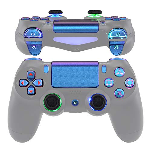 eXtremeRate LED Botones para PS4 Mando Teclas Botón D-Pad Joysitcks Gatillos Home Face Símbolos Botones DTFS(DTF 2.0) LED Kit para Playstation 4 Control para PS4-No Incluye Mando(Azul a Violeta)