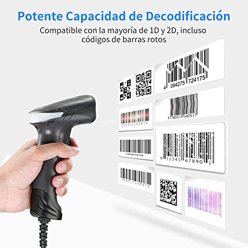 Eyoyo QR Escáner de Código de Barras, 2D Lector de Códigos de Barras de Mano con Cable USB Extralargo para Móvil, POS, Supermercado, Librería, Plug y Play