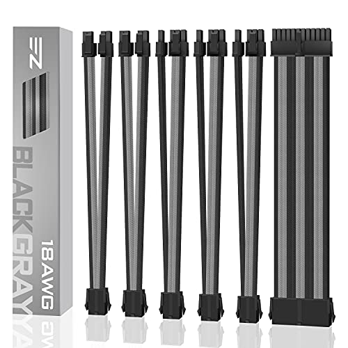 EZDIY-FAB Cable de extensión PSU con Sleeved Custom Mod GPU PC alimentación suave Nylon trenzado con kit peine 24 pin/3 x 8 pines a 6 + 2 pin/2 x 8 pines a 4 + 4 pin-300 mm/11,8 in-negro y gris