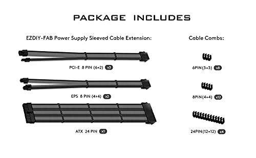 EZDIY-FAB Cable de extensión PSU con Sleeved Custom Mod GPU PC alimentación suave Nylon trenzado con kit peine 24 pin/3 x 8 pines a 6 + 2 pin/2 x 8 pines a 4 + 4 pin-300 mm/11,8 in-negro y gris