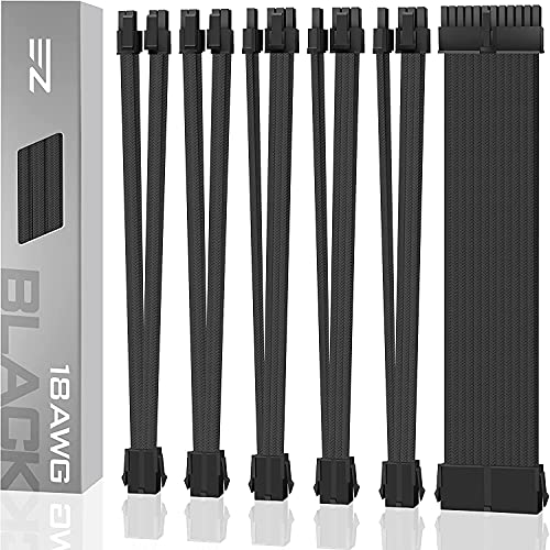 EZDIY-FAB PSU Cable Extension Sleeved Custom Mod GPU PC Fuente de alimentación Nylon Suave Trenzado con Kit de Peine 24PIN / 3X 8PIN a 6 + 2Pin / 2X 8PIN a 4 + 4PIN-300MM / 11.8in - Negro