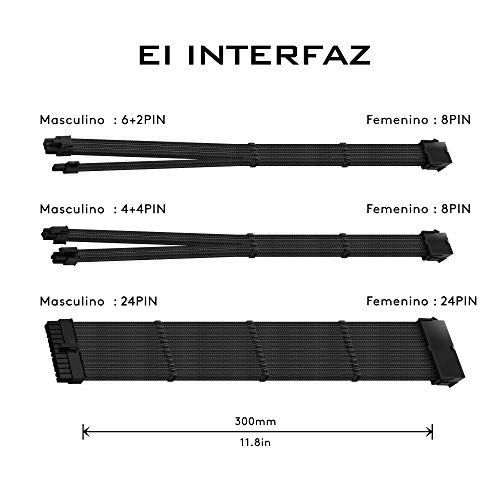 EZDIY-FAB PSU Cable Extension Sleeved Custom Mod GPU PC Fuente de alimentación Nylon Suave Trenzado con Kit de Peine 24PIN / 3X 8PIN a 6 + 2Pin / 2X 8PIN a 4 + 4PIN-300MM / 11.8in - Negro