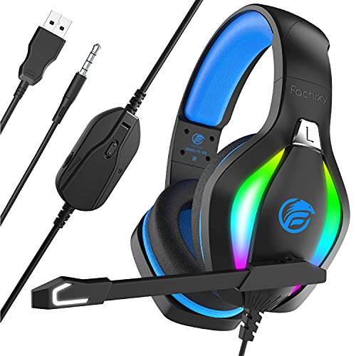 Fachixy Cascos Gaming para Xbox One PS4 PS5 PC Laptop Nintendo Switch, Auriculares Gaming Estéreo Sonido, Cascos con Microfono con Luz RGB, Cascos PS4 con 3,5mm Jack con Cancelación de Ruido (Azul)