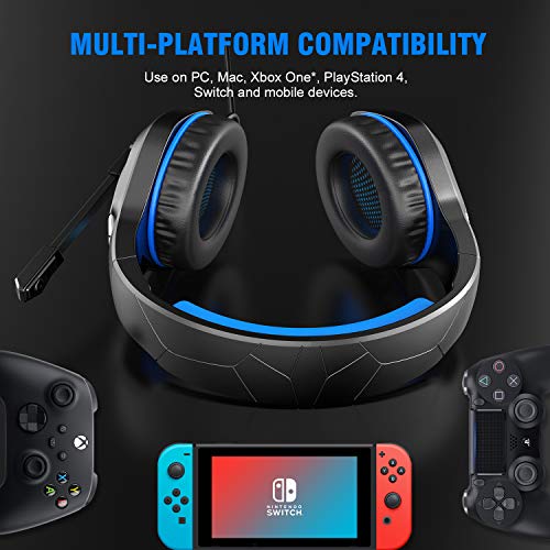 Fachixy Cascos Gaming para Xbox One PS4 PS5 PC Laptop Nintendo Switch, Auriculares Gaming Estéreo Sonido, Cascos con Microfono con Luz RGB, Cascos PS4 con 3,5mm Jack con Cancelación de Ruido (Azul)