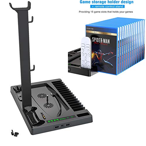 Fbewan Soporte Vertical con Ventilador de enfriamiento para PS5 Digital Edition/Ultra HD Controller, Estación de Carga con 15 Ranuras de Juego retráctiles