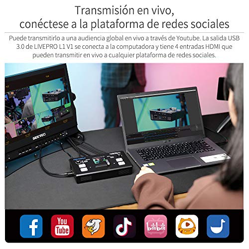 Feelworld LIVEPRO L1 V1 Mezclador de Video multiformato Pantalla LCD de 2 Pulgadas 4 entradas HDMI USB 3.0 Producción de múltiples cámaras Transmisión en Vivo Disipación de Calor Liviana