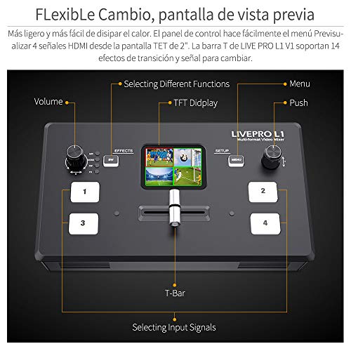 Feelworld LIVEPRO L1 V1 Mezclador de Video multiformato Pantalla LCD de 2 Pulgadas 4 entradas HDMI USB 3.0 Producción de múltiples cámaras Transmisión en Vivo Disipación de Calor Liviana