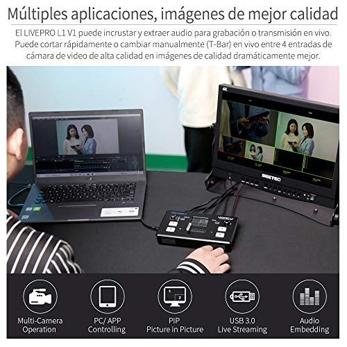 Feelworld LIVEPRO L1 V1 Mezclador de Video multiformato Pantalla LCD de 2 Pulgadas 4 entradas HDMI USB 3.0 Producción de múltiples cámaras Transmisión en Vivo Disipación de Calor Liviana