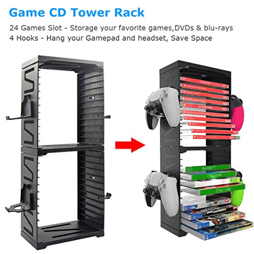 Feiuan Torre de Almacenamiento de Juegos para PS5 PS4, Doble Capa Multifuncional Titular de Disco Organizador para hasta 24 Juegos/BLU-Ray y 4 mandos para PS4 Slim Pro, X-Box One,Series X,NS Switch