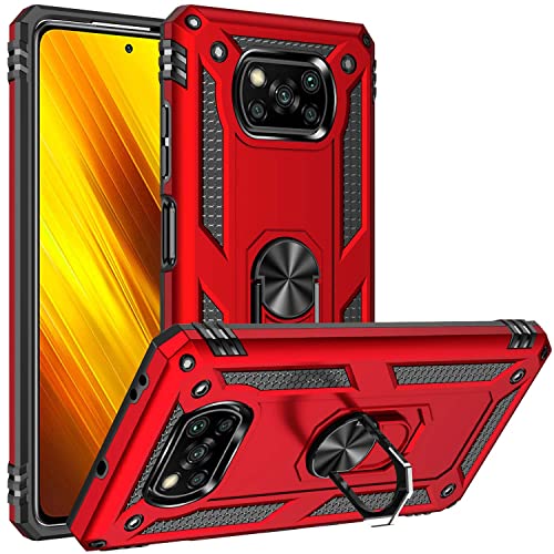 Fetrim Funda para Xiaomi Poco X3 Pro, Carcasa Shock Absorción de TPU y PC con Anillo de rotación Soporte para Xiaomi Poco X3 Pro/Poco X3 NFC/Poco X3 Rojo