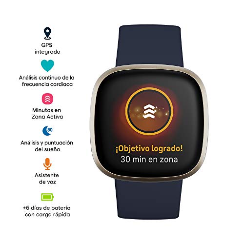 Fitbit Versa 3 - Smartwatch de salud y forma física con GPS integrado, análisis continuo de la frecuencia cardiaca, Alexa integrada y batería de +6 días, Azul Medianoche/Dorado