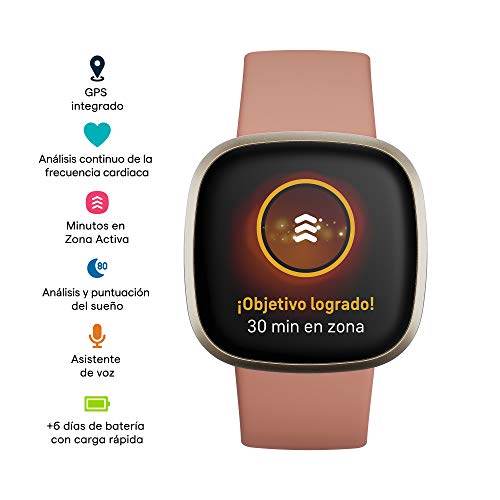 Fitbit Versa 3 - Smartwatch de salud y forma física con GPS integrado, análisis continuo de la frecuencia cardiaca, Alexa integrada y batería de +6 días, Rosa/Dorado