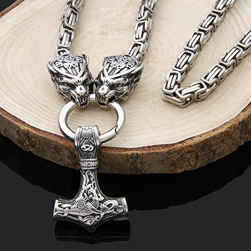 FLQWLL Cadena De Reyes Vikingos con Cabeza De Leopardo + Mammen Thor Hammer Mjölnir Colgante Collar Amuleto De Hombre Joyería De Acero De Titanio,Square Chain,60cm/23.6 in