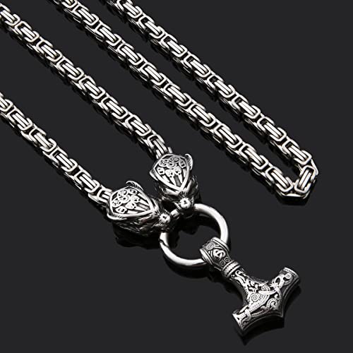 FLQWLL Cadena De Reyes Vikingos con Cabeza De Leopardo + Mammen Thor Hammer Mjölnir Colgante Collar Amuleto De Hombre Joyería De Acero De Titanio,Square Chain,60cm/23.6 in