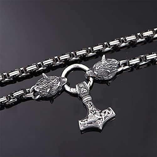 FLQWLL Collar Cadena Rey Bizantino Blanco Y Negro con Doble Cabeza Lobo Acero Inoxidable para Hombre con Colgante Martillo Thor, Joyería Amuleto Nudo Celta Vikingo Nórdico Mjolnir,Plata,50cm