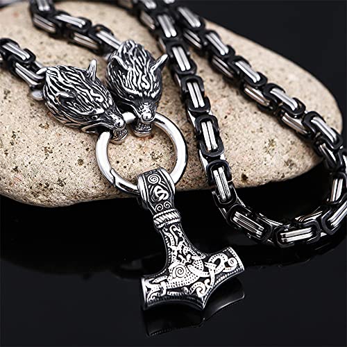 FLQWLL Collar Cadena Rey Bizantino Blanco Y Negro con Doble Cabeza Lobo Acero Inoxidable para Hombre con Colgante Martillo Thor, Joyería Amuleto Nudo Celta Vikingo Nórdico Mjolnir,Plata,50cm