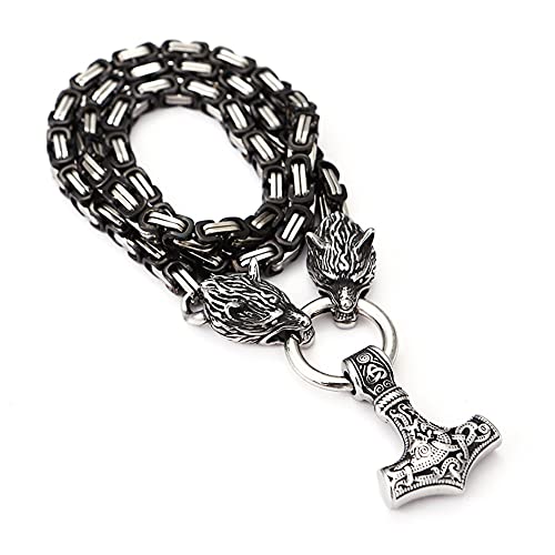 FLQWLL Collar Cadena Rey Bizantino Blanco Y Negro con Doble Cabeza Lobo Acero Inoxidable para Hombre con Colgante Martillo Thor, Joyería Amuleto Nudo Celta Vikingo Nórdico Mjolnir,Plata,50cm
