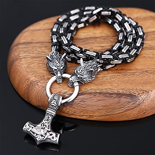 FLQWLL Collar Cadena Rey Bizantino Blanco Y Negro con Doble Cabeza Lobo Acero Inoxidable para Hombre con Colgante Martillo Thor, Joyería Amuleto Nudo Celta Vikingo Nórdico Mjolnir,Plata,50cm