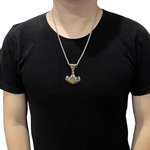 FLQWLL Collar con Colgante De Acero Inoxidable con Amuleto Vikingo Trenzado Mjolnir Vegvisir Y Runas para Hombre con Bolsa De Regalo De Joyería Valknut,Oro,70cm/27.5 in