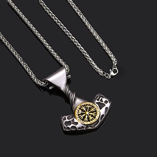 FLQWLL Collar con Colgante De Acero Inoxidable con Amuleto Vikingo Trenzado Mjolnir Vegvisir Y Runas para Hombre con Bolsa De Regalo De Joyería Valknut,Oro,70cm/27.5 in