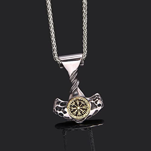 FLQWLL Collar con Colgante De Acero Inoxidable con Amuleto Vikingo Trenzado Mjolnir Vegvisir Y Runas para Hombre con Bolsa De Regalo De Joyería Valknut,Oro,70cm/27.5 in