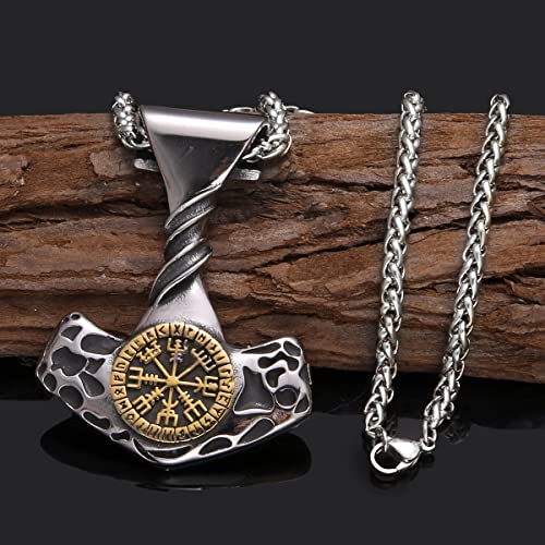 FLQWLL Collar con Colgante De Acero Inoxidable con Amuleto Vikingo Trenzado Mjolnir Vegvisir Y Runas para Hombre con Bolsa De Regalo De Joyería Valknut,Oro,70cm/27.5 in