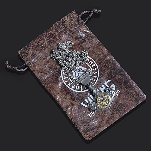 FLQWLL Collar con Colgante De Acero Inoxidable con Amuleto Vikingo Trenzado Mjolnir Vegvisir Y Runas para Hombre con Bolsa De Regalo De Joyería Valknut,Oro,70cm/27.5 in