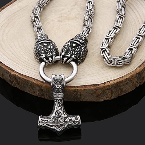 FLQWLL Collar con Colgante De Acero Inoxidable Thor Mjolnir con Pata De Oso King para Hombre, Joyería De Amuleto Vikingo Nórdico con Bolsa De Regalo Valknut,Square Buckle,60cm/23.6 in