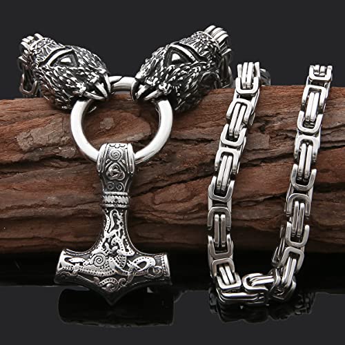 FLQWLL Collar con Colgante De Acero Inoxidable Thor Mjolnir con Pata De Oso King para Hombre, Joyería De Amuleto Vikingo Nórdico con Bolsa De Regalo Valknut,Square Buckle,60cm/23.6 in