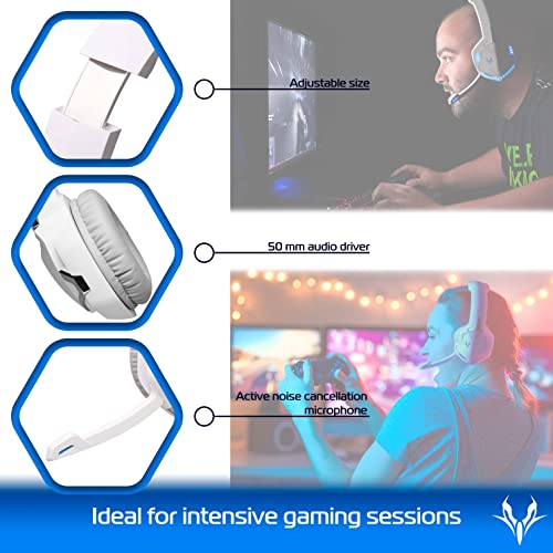 Flyroy | Cascos Gaming y Auriculares Gaming para PC, ps4 y ps5 Xbox One Auriculares con micrófono | Cascos Gamer | Cascos con micrófono Ajustables Led Azul Conector 3,5 mm y Cable USB 2 MT Blanco