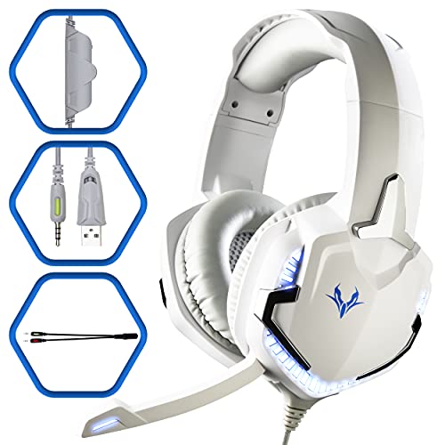 Flyroy | Cascos Gaming y Auriculares Gaming para PC, ps4 y ps5 Xbox One Auriculares con micrófono | Cascos Gamer | Cascos con micrófono Ajustables Led Azul Conector 3,5 mm y Cable USB 2 MT Blanco