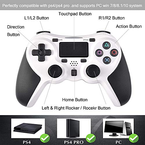 FONCBIEN Controlador Inalámbrico Playstation4, Controlador Inalámbrico Gamepads Manija del Juego Joypad con Los Botones De Activación Playstation 4 y Windows (White)