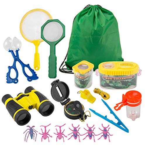 FORMIZON Kit de Exploración para Niños 17 Piezas, Outdoor Explorer Kit Regalos Juguetes, Binoculares, Silbato, Brújula, Lupa, Clip de Insectos, para Niños para Acampada y Senderismo (B)