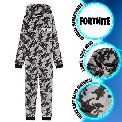 Fortnite Pijama Niño Entero con Capucha, Pijama Mono de Forro Polar, Pijamas Niños Diseño Gamer, Regalos para Niños y Adolescentes 7-14 Años (Camo Gris, 7-8 años, 7_Years)