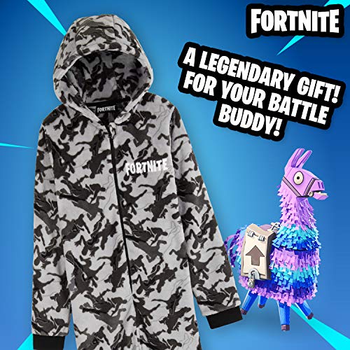 Fortnite Pijama Niño Entero con Capucha, Pijama Mono de Forro Polar, Pijamas Niños Diseño Gamer, Regalos para Niños y Adolescentes 7-14 Años (Camo Gris, 7-8 años, 7_Years)