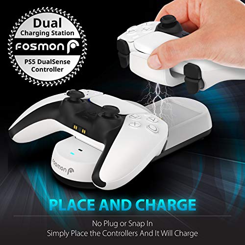 Fosmon Dual Base de Cargador Compatible con Mando Sony PS5 Playstation 5 Dualsense, (Place and Charge) Doble Estación Base de Carga Rápida con Adaptador USB C Docking Station