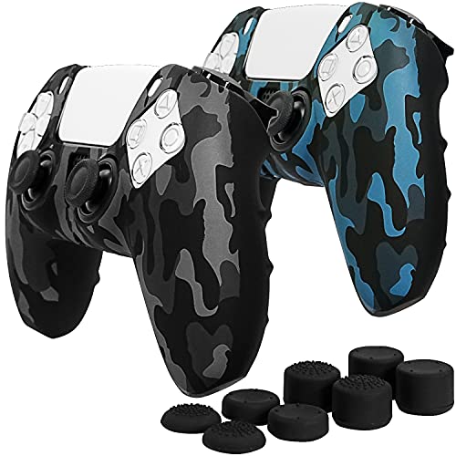 Fosmon Silicona Antideslizante Funda Protectora Compatible con de Mando Sony PS5 DualSense (2 Pièces - Camo Negro/Azul), Anti-Sudor Tacto Suave Carcasa Ergonómica con 8 x Pro Tapas de Joysitcks