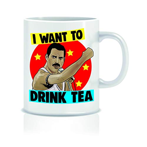 Freddie Mercury Taza con texto en inglés "I Want to Drink Tea Cheeky Chops Novelty Gift Mug Gift for Him Her Mug Joke Humour CMUG14