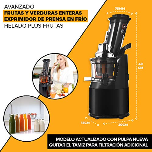Fruta y Vegetal Cold Press Extractor de Jugo Slow Juicer, Sorbete y Helado de Frutas - Boca Ancha de 75MM, Extractor de Masticación Lenta, Sin BPA, 240W, Acero Inoxidable Negro Fridja f1900